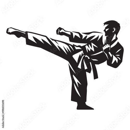 Martial arts karate fighter performing high side kick, black and white vector silhouette, taekwondo athlete in traditional uniform for sports logo
