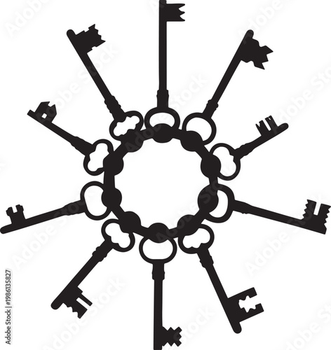 Circular arrangement of various skeleton keys forming a round frame or mandala for decorative mystery and lock concepts. Vector Illustration