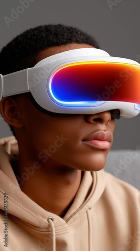 Close up portrait of african man using virtual reality headset with glowing visor experiencing immersive digital environment and futuristic technology