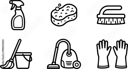 Black and white line art cleaning supplies spray bottle sponge brush mop vacuum and gloves