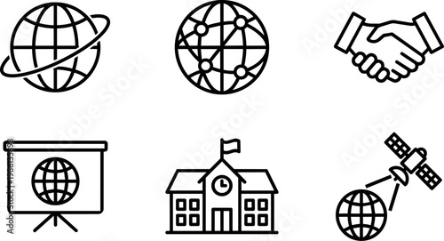 Black and white line art globe network satellite handshake presentation and school icons
