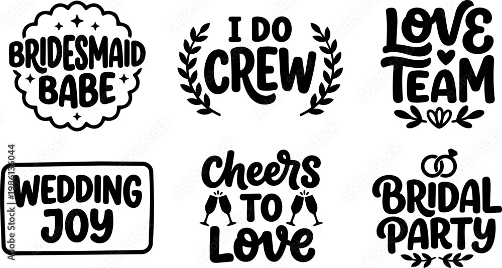 Fototapeta premium Black and white handwritten wedding phrases with decorative elements and champagne glasses