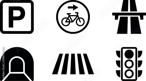 Black and white vector icons of parking bike lane highway tunnel crosswalk and traffic light