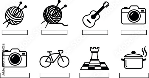 Black and white line art knitting yarn guitar camera bicycle chess rook cooking pot icons