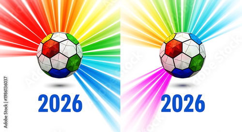 Themed illustration of colorful soccer balls, associated with the 2026 World Cup. Vector image with a white background.