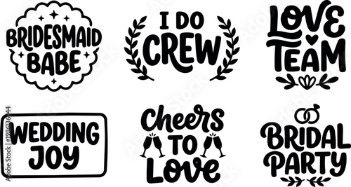 Black and white handwritten wedding phrases with decorative elements and champagne glasses