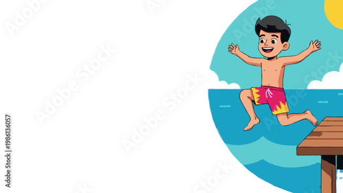 Energetic young boy jumping from wooden pier into blue ocean water on bright sunny summer day during beach vacation holidays. Fun childhood outdoor activities. Colorful flat vector cartoon character.