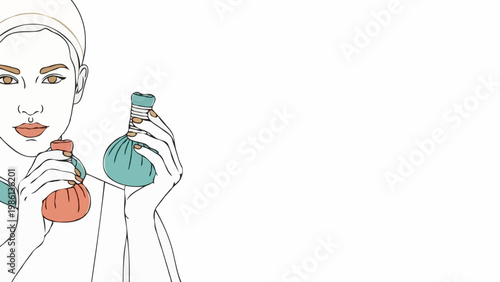 Professional female therapist holding herbal massage compresses for traditional spa treatment and body wellness therapy sessions. Elegant aesthetic line art with soft pastel color palette accents.