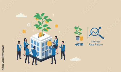 Mutual investme together pension savings growth, increase wealth, dividends or capital gain profit, interest rate return concept, businessman hand put coin into bank growing money plant