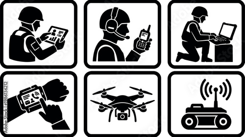 Black silhouette icons of soldier using tablet radio laptop drone and remote control