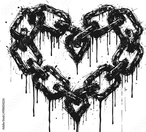 Heart shaped chain design with dripping black ink splatters and grunge paint texture