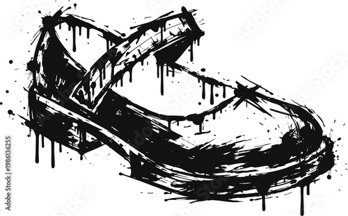 Grunge black mary jane shoe illustration with dripping paint effect