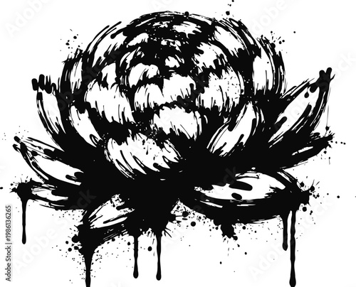 Black ink lotus flower splash drawing with dripping paint effect on white background
