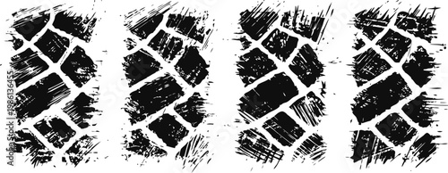 black grunge tire tracks with rough textured effect off road vehicle pattern set