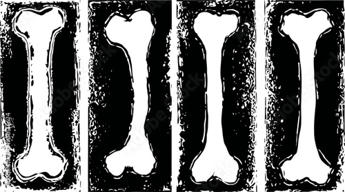 four grunge bones in vertical rectangular frames with rough edges and black and white contrast