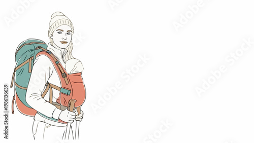 Active young mother hiking with baby in front carrier and large backpack holding trekking poles for outdoor mountain adventure trip. Travel lifestyle. Clean line art illustration with color accents.