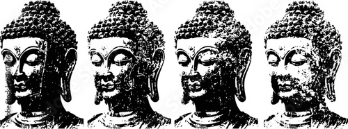 buddha head statue artwork in black and white with intricate textured details