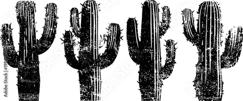 Vintage cactus silhouettes four black saguaro cactus shapes with rustic texture and distressed design