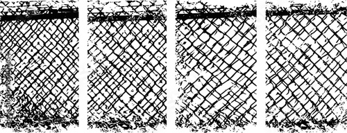 Four damaged chain link fence panels with torn and rusty wire mesh texture