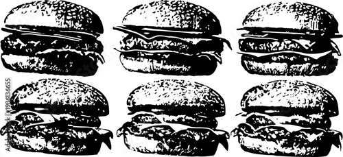 Six classic hamburgers with sesame seed buns arranged in two rows, black and white illustration