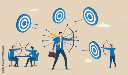 Multitasking purpose strategy aiming targets goal, skillful professional success team meeting work career concept, businessman aiming multiple bows three targets