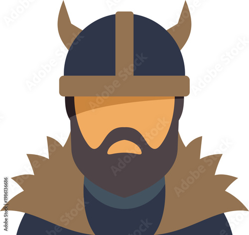 Viking warrior man wearing a horned helmet, dark clothing, and a fur collar