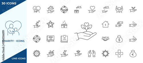 Charity and donation line icons. Comprehensive set of charity line icons. helping hands heart symbols financial donations community support social care and humanitarian aid.