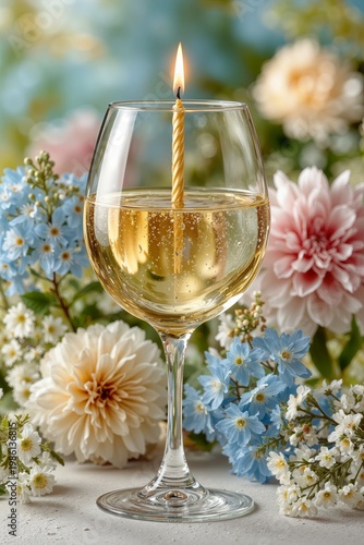 Elegant wine glass with a lit candle among flowers, romantic celebration concept, soft light, floral decor, refined atmosphere and festive aesthetic.