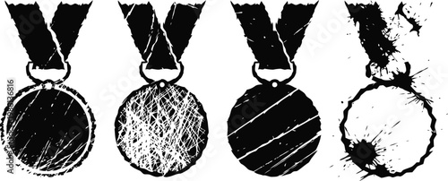 Vintage grunge medals with ribbons in black silhouette collection