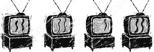 vintage retro televisions with static noise on black background grunge tv icons set