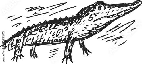 Sketch of a walking crocodile with textured scales and detailed limbs in motion