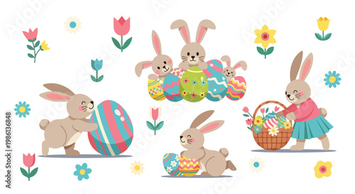 Whimsical Easter bunnies collecting colorful eggs in a garden with flowers