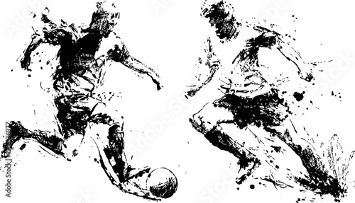 Dynamic soccer players in action silhouette ink splash design, football match intense competition
