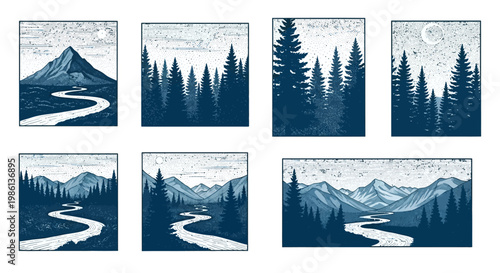 Serene Mountain River Landscape Illustrations - Set of 7 Vintage Style Graphics