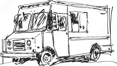 hand drawn delivery truck illustration with detailed front and side view, cargo vehicle sketch