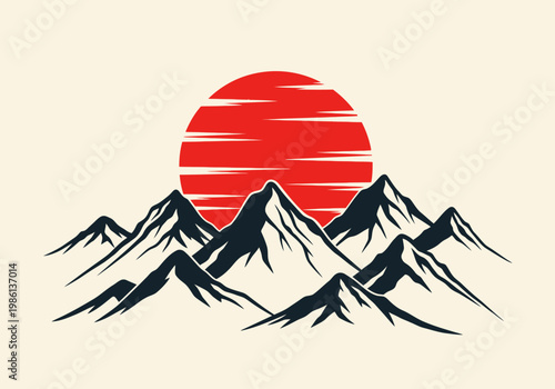 Принти на полотні Minimalist Japanese Mountain Range Illustration with Stylized Red Rising Sun, Or