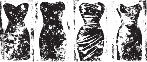 Four elegant women's dresses silhouettes with grunge texture and distressed vintage
