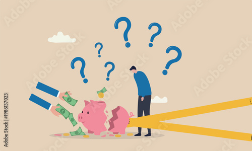Overspending in investment or stock market crash causing bankruptcy in economic crisis concept, broken pink piggy bank and money been stolen yellow crime scene tape