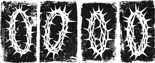 grunge thorny oval frames set with rough textured edges, dark background