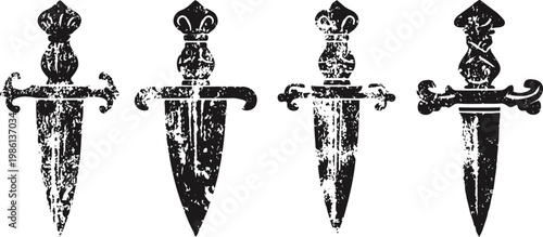 vintage dagger silhouettes with ornamental crossguards and textured blades in black and white
