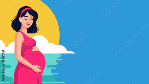 Peaceful pregnant woman in a bright pink summer dress standing by the turquoise sea at sunset with a large yellow sun and clouds in the background, motherhood concept. Flat vector illustration.