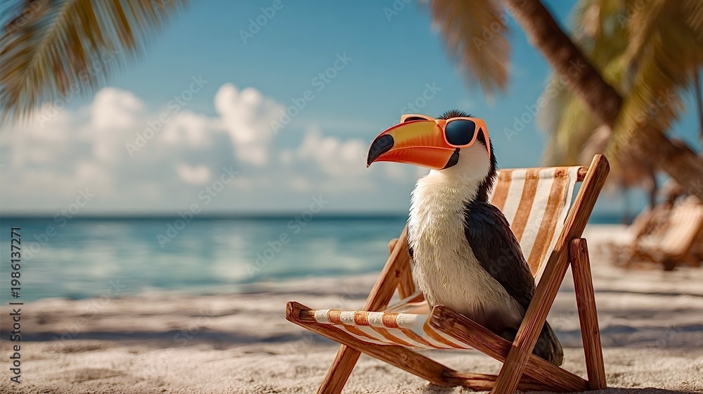 Fototapeta premium Toucan wearing sunglasses relaxing on tropical beach