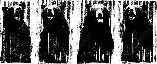 Four carved wooden bears mounted on rustic wooden tree trunks with expressive faces