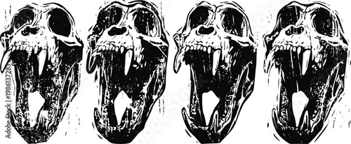 four detailed grunge animal skulls with open jaws in black and white illustration