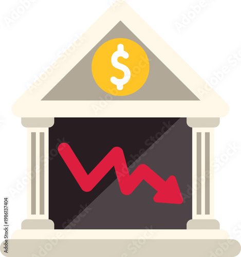 Bank building icon displaying currency crash and market collapse concept