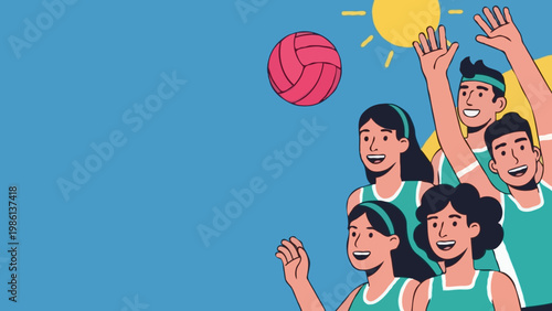 Diverse group of happy young people playing volleyball together on a sunny beach against a clear blue sky background, active lifestyle and teamwork concept. Vibrant flat vector graphic.