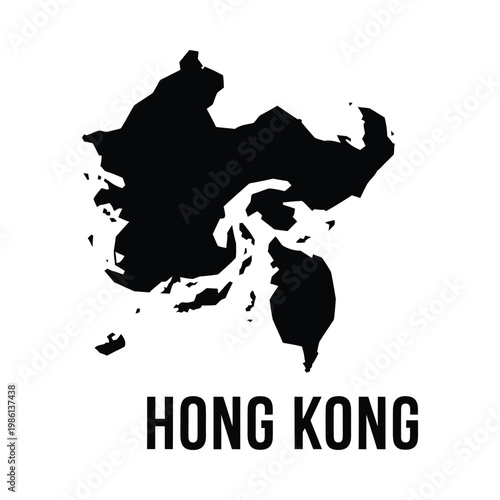 A stark black silhouette of the hong kong region with the name boldly printed below