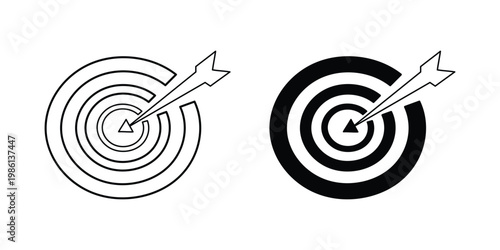 Target Icon with Arrow Hitting Bullseye, Business Goal Achievement and Success Strategy Concept in Minimal Line and Solid Style