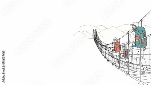 Family of father and two children with backpacks hiking across a long suspension bridge in high mountains over a river, adventure and exploration. Clean line art vector with minimal color accents.