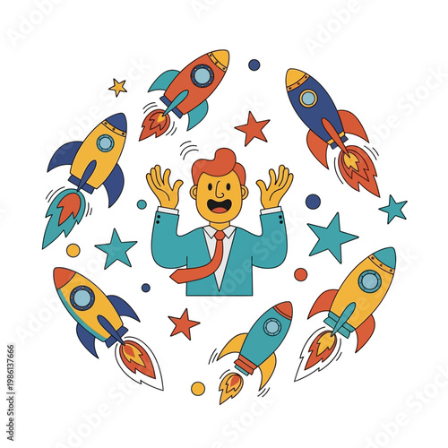 Man Surrounded by Colorful Rockets.